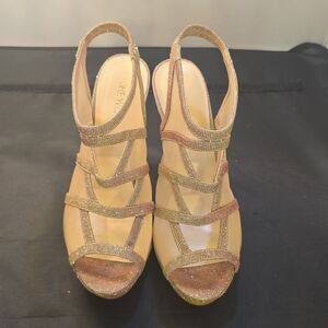 NINE WEST SHIMMER GOLD STRAPPY DESIGN PEEP TOE HEEL SANDAL